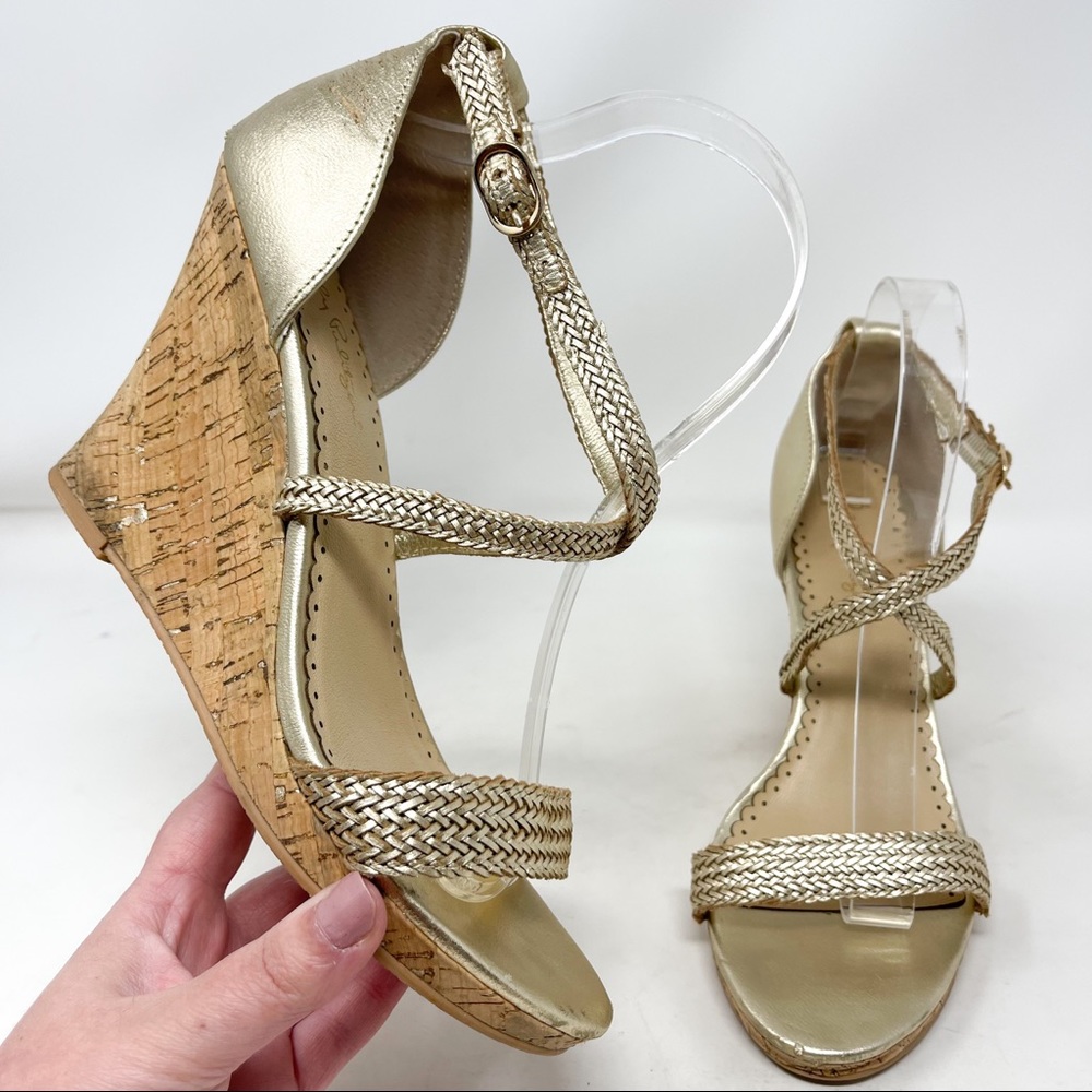 Lilly Pulitzer Maddie Gold Metallic Braided Cork Wedges Genuine Leather Strappy